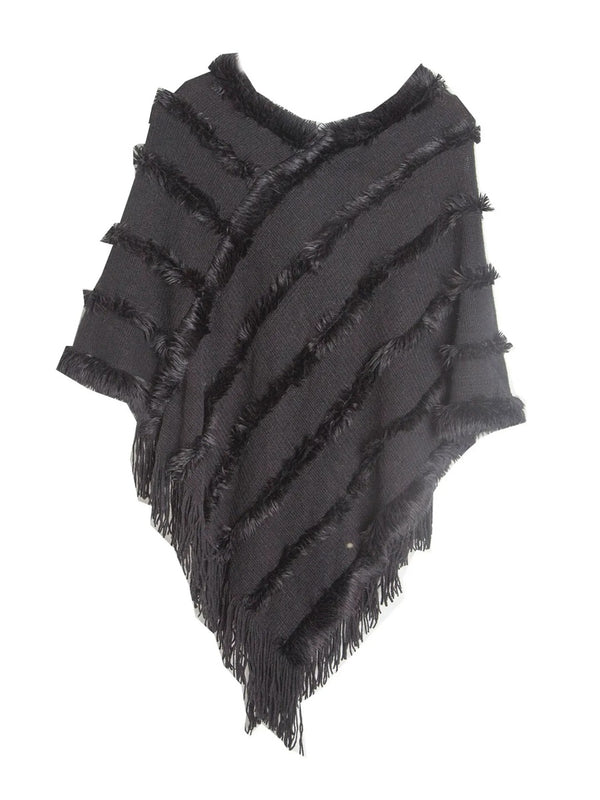 Women's Warm V-Neck Stylish Knitted Plush Fringed Shawl Cape