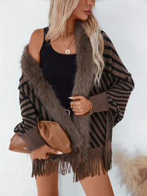 Women's Vintage Striped Knitted Chic Shawl Cape with Fur & Tassels