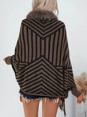 Women's Vintage Striped Knitted Chic Shawl Cape with Fur & Tassels