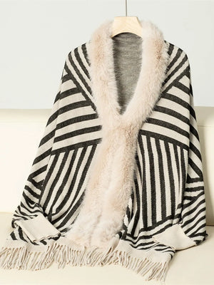 Women's Vintage Striped Knitted Chic Shawl Cape with Fur & Tassels
