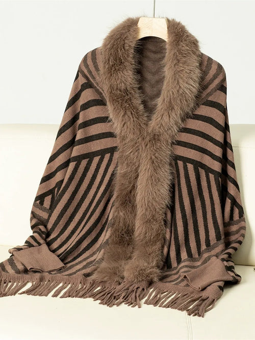 Women's Vintage Striped Knitted Chic Shawl Cape with Fur & Tassels