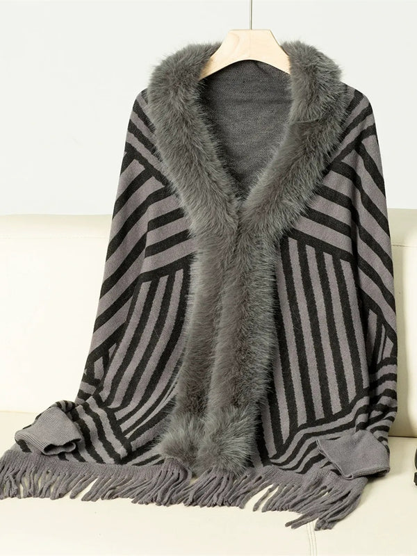 Women's Vintage Striped Knitted Chic Shawl Cape with Fur & Tassels