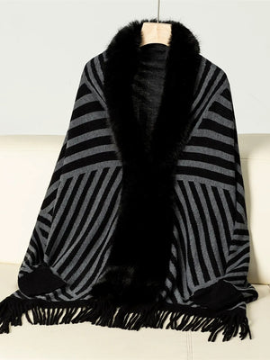 Women's Vintage Striped Knitted Chic Shawl Cape with Fur & Tassels