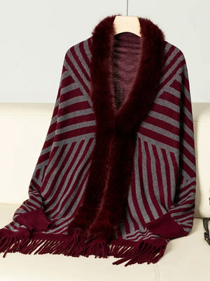 Women's Vintage Striped Knitted Chic Shawl Cape with Fur & Tassels
