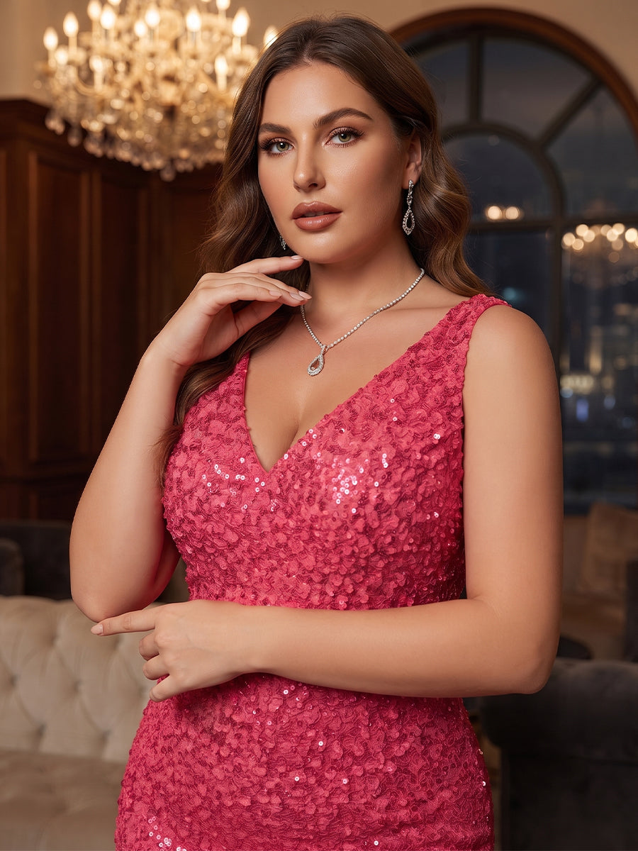 Sheath/Column V-Neck Sleeveless Long Plus Size Evening Dresses With Split Side &amp; Sequins