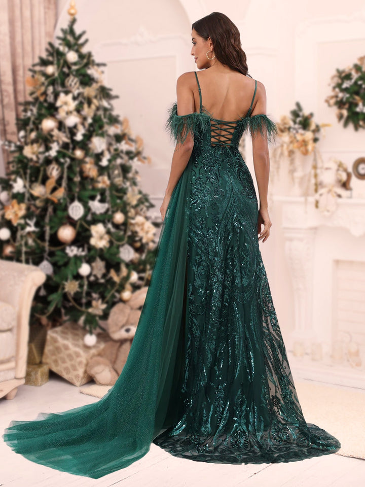 A-Line/Princess Spaghetti Straps Long Christmas Dresses with Feather &amp; Sequins