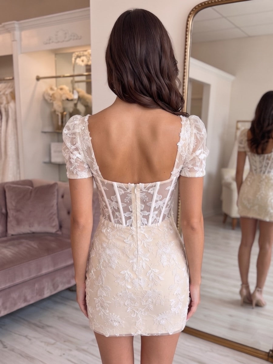 Sheath/Column Square Neck Short Sleeves Short/Mini Corset Applique Homecoming Dresses
