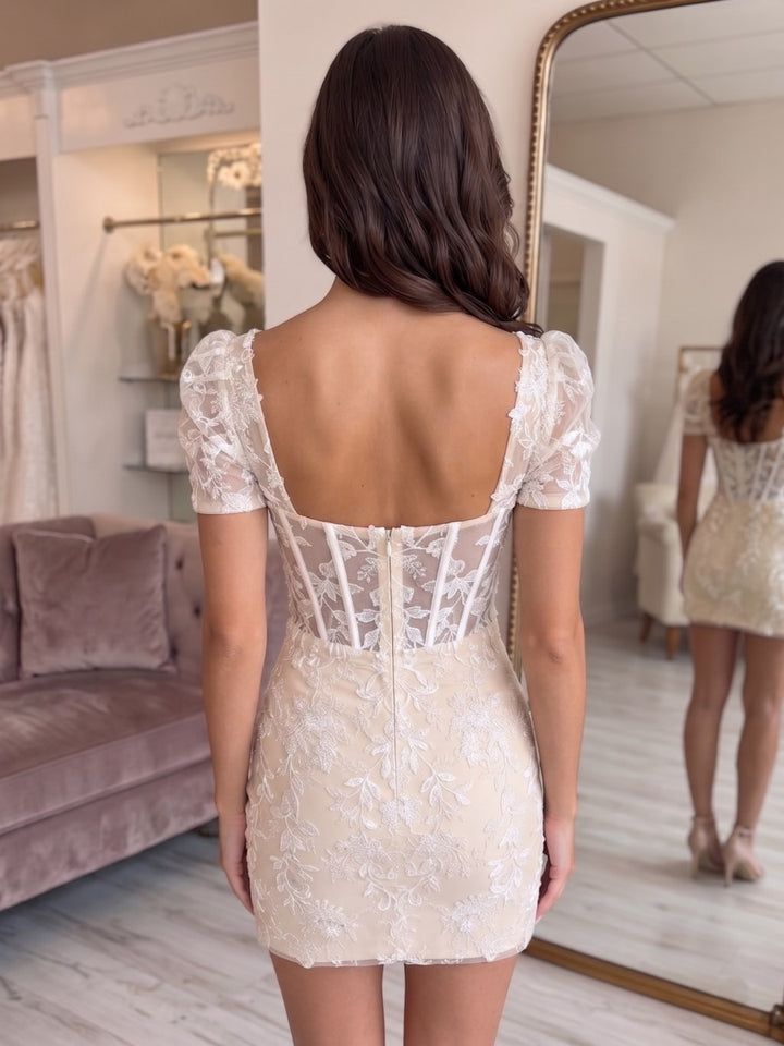 Sheath/Column Square Neck Short Sleeves Short/Mini Corset Applique Homecoming Dresses