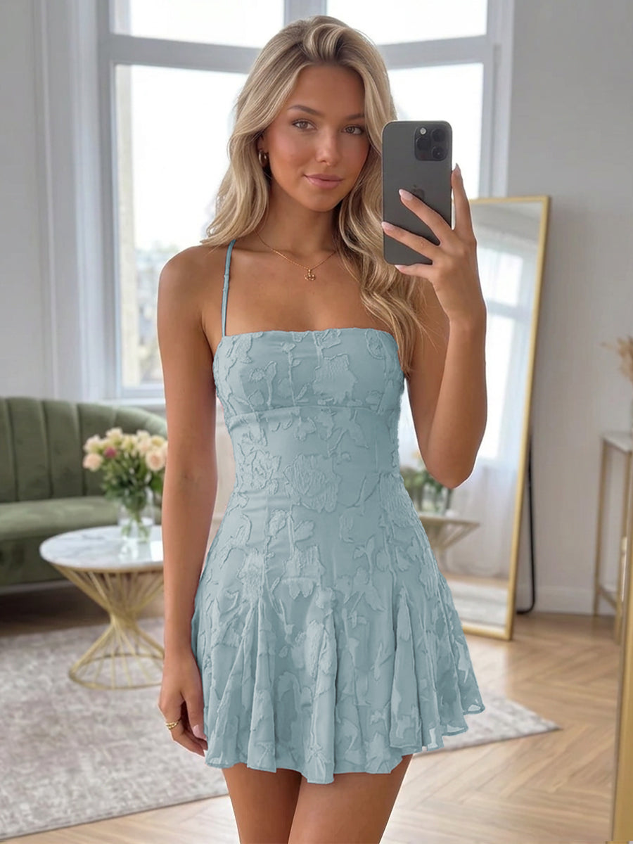 A-Line/Princess Spaghetti Straps Short/Mini Chiffon Ruched Homecoming Dresses with Florals