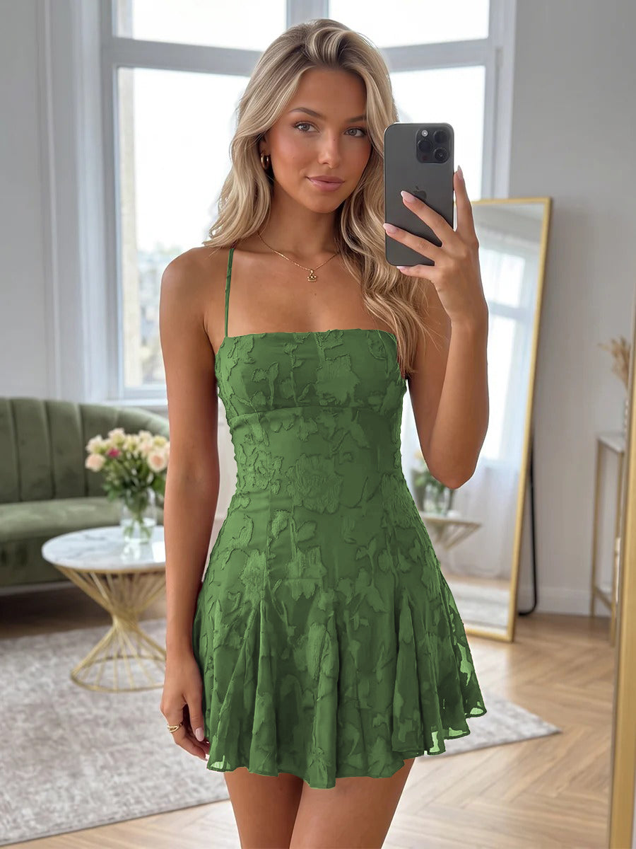 A-Line/Princess Spaghetti Straps Short/Mini Chiffon Ruched Homecoming Dresses with Florals