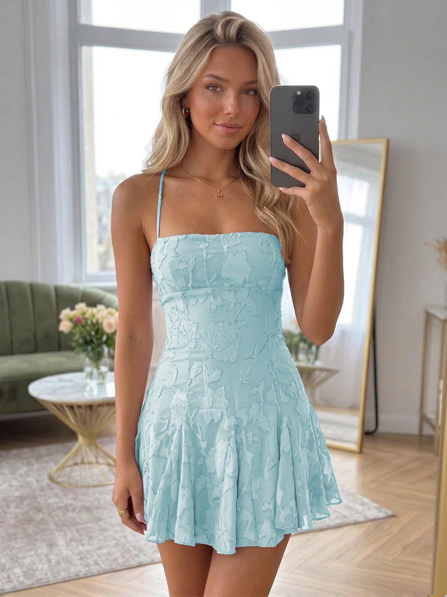 A-Line/Princess Spaghetti Straps Short/Mini Chiffon Ruched Homecoming Dresses with Florals