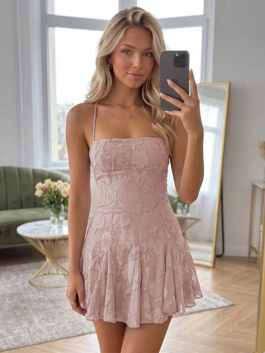 A-Line/Princess Spaghetti Straps Short/Mini Chiffon Ruched Homecoming Dresses with Florals