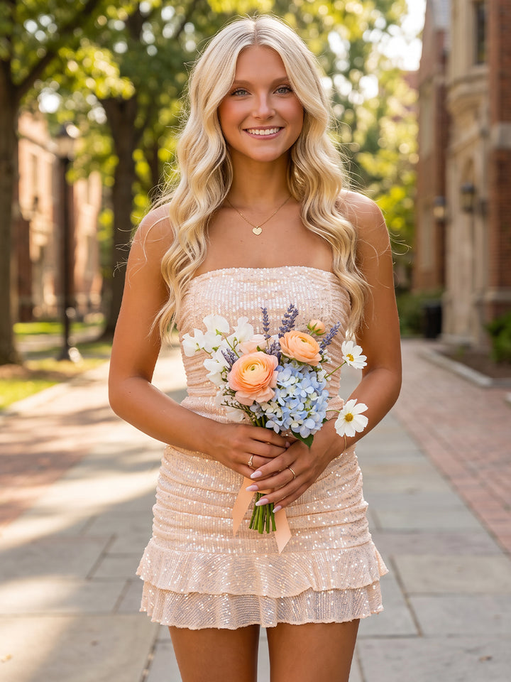 A-Line/Princess Strapless Sleeveless Sequin Mini Homecoming Dresses with Ruffles
