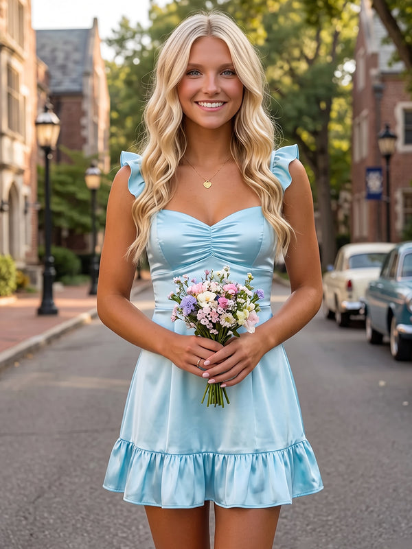 A-Line/Princess Spaghetti Straps Flying Sleeves Silk Satin Mini Homecoming Dresses with Ruffles