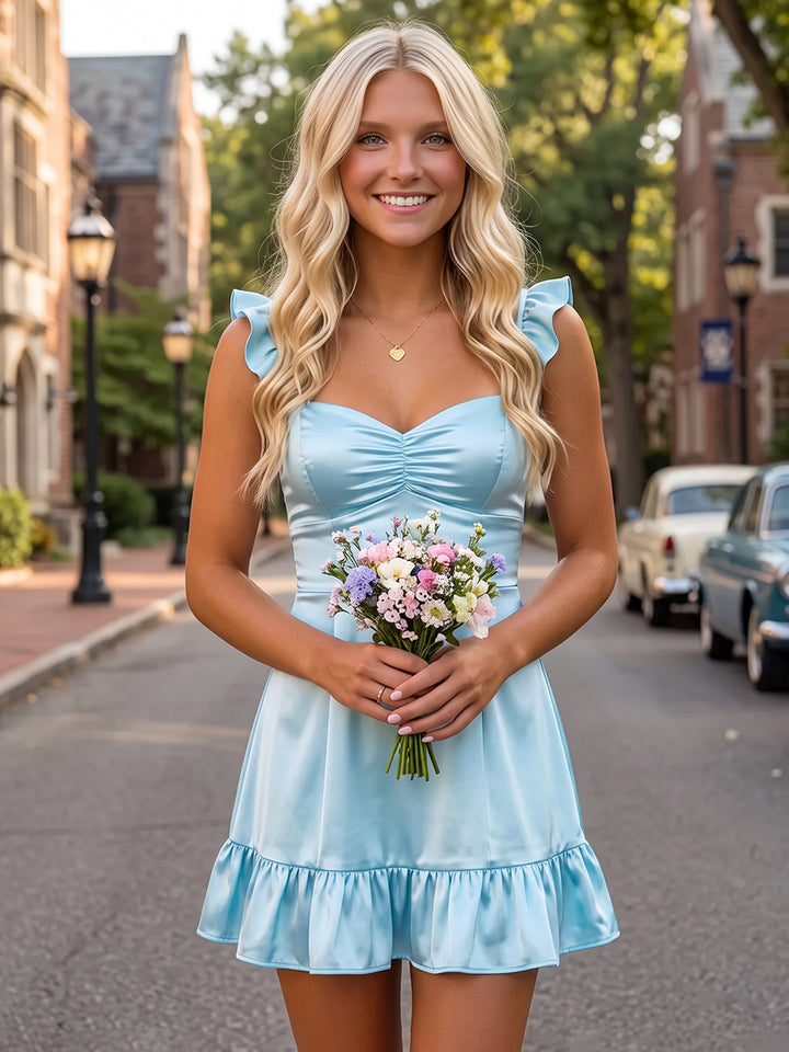 A-Line/Princess Spaghetti Straps Flying Sleeves Silk Satin Mini Homecoming Dresses with Ruffles