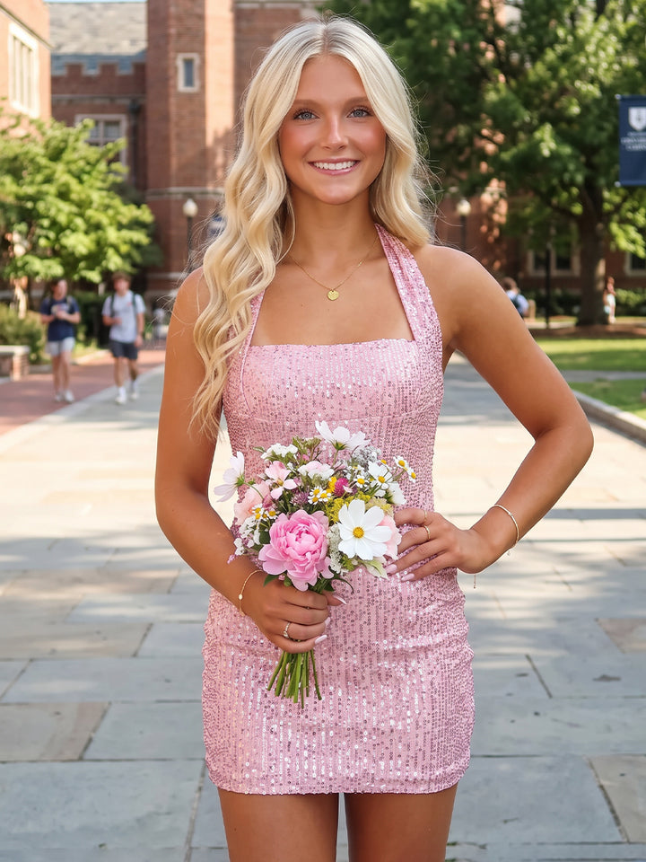 Sheath/Column Halter Sleeveless Sequin Mini Homecoming Dresses with Bowknot