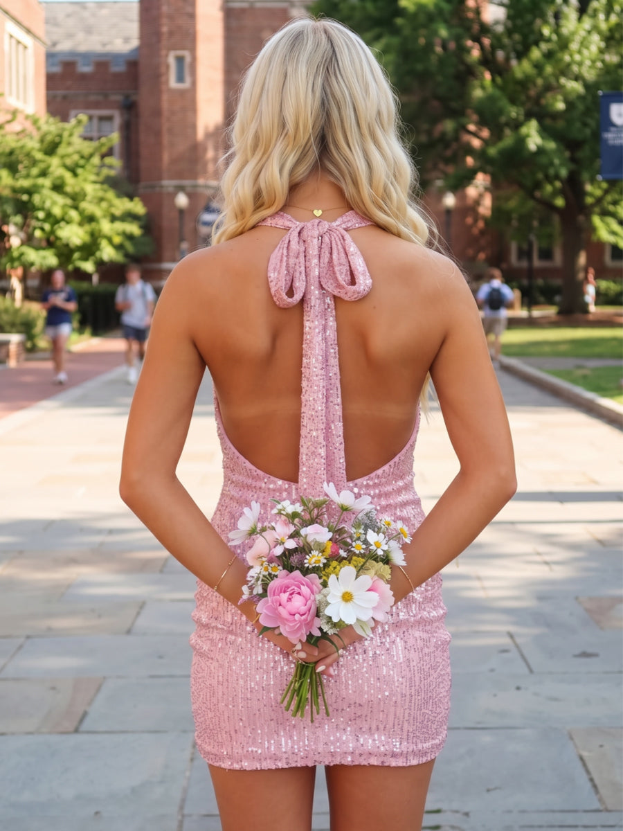Sheath/Column Halter Sleeveless Sequin Mini Homecoming Dresses with Bowknot