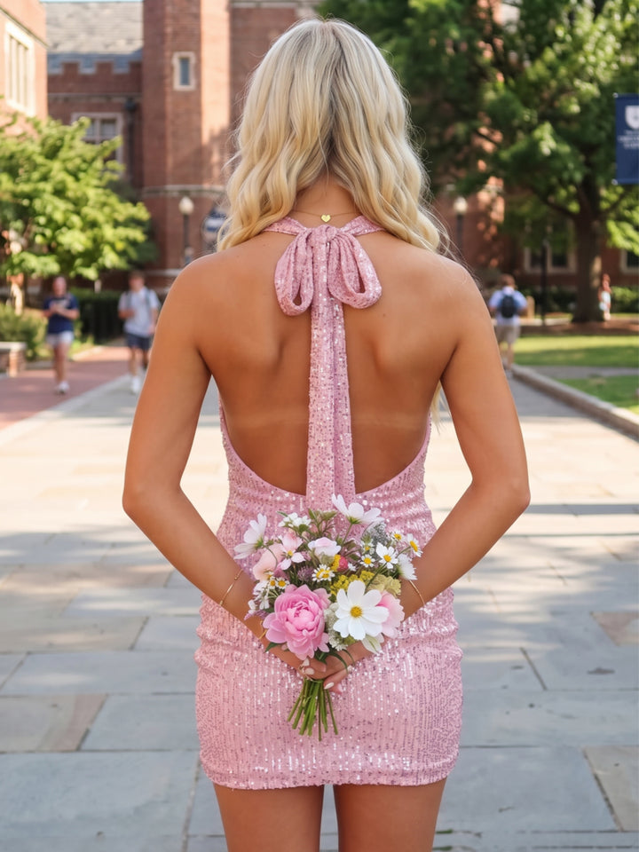 Sheath/Column Halter Sleeveless Sequin Mini Homecoming Dresses with Bowknot