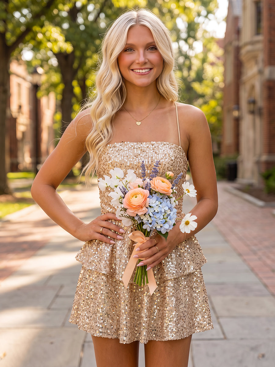 A-Line/Princess Spaghetti Straps Sleeveless Sequin Mini Homecoming Dresses with Ruffles
