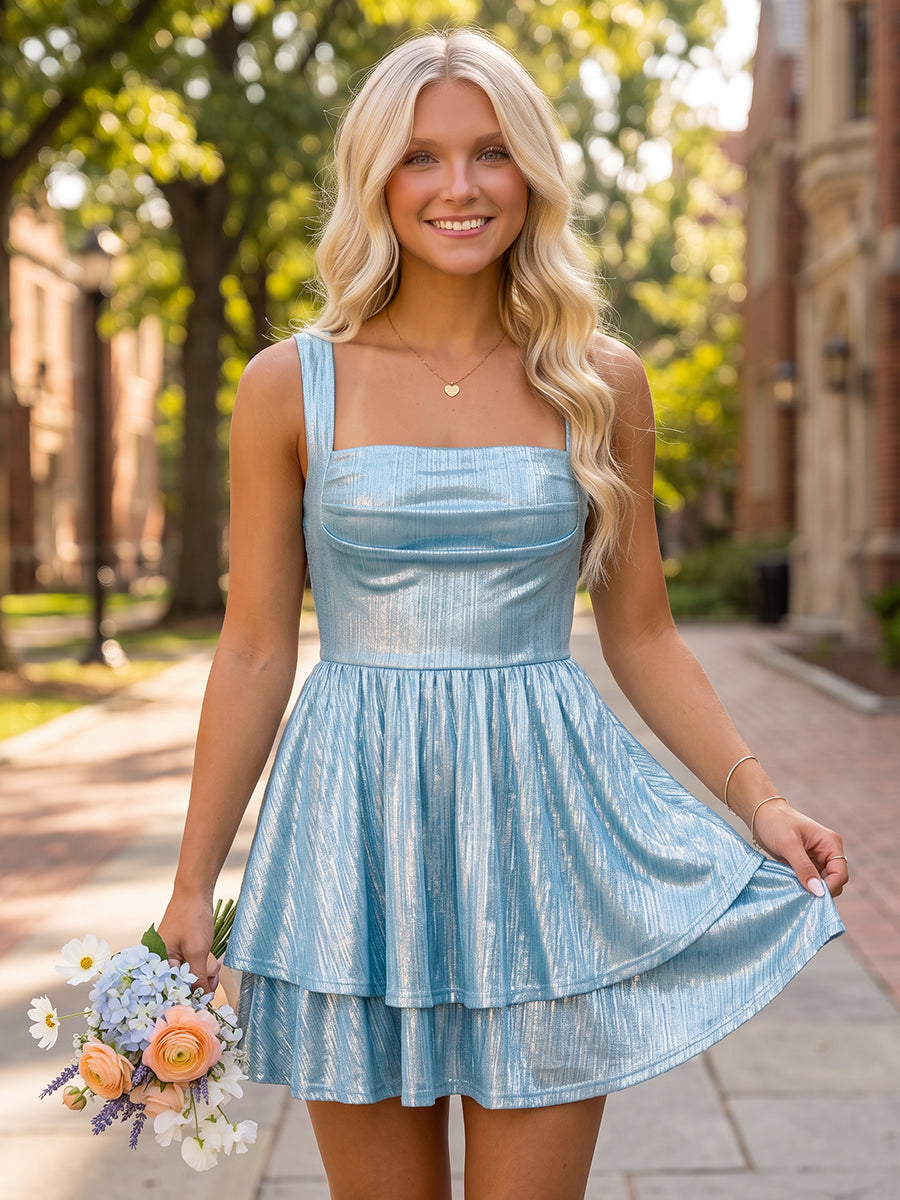 A-Line/Princess Square Neck Sleeveless Metallic Mini Homecoming Dresses with Ruffles