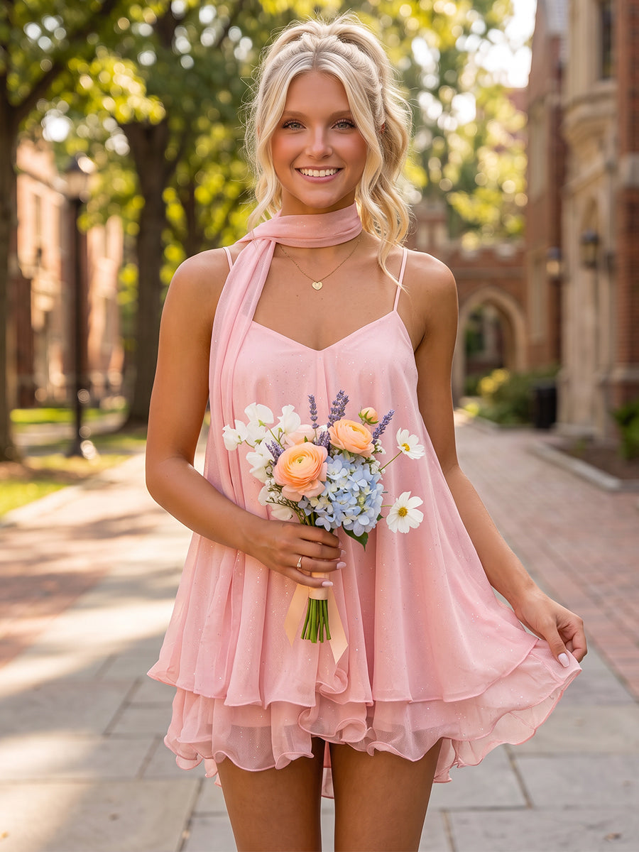 A-Line/Princess Spaghetti Straps Sleeveless Organza Mini Homecoming Dresses with Ruffles&amp;Scarf