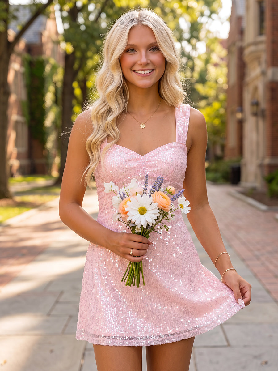 Sheath/Column Sweetheart Sleeveless Ruched Sequin Mini Homecoming Dresses