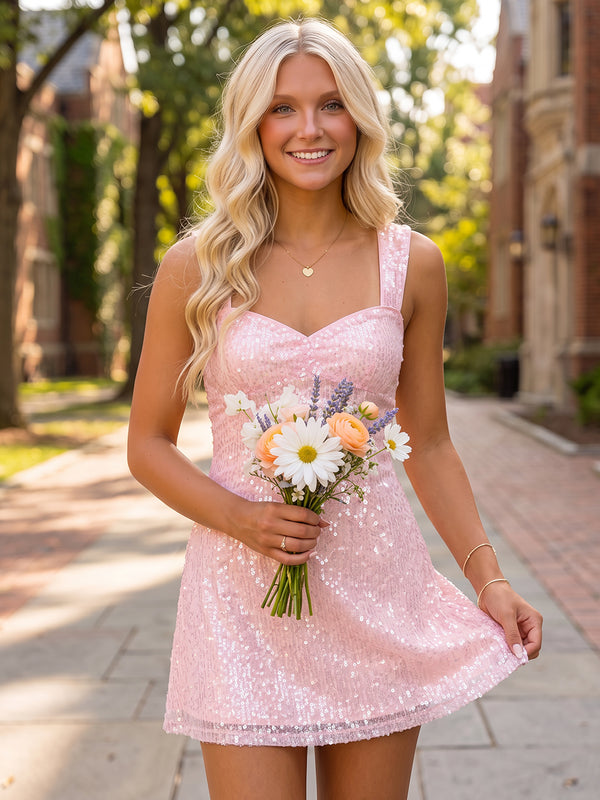 Sheath/Column Sweetheart Sleeveless Ruched Sequin Mini Homecoming Dresses
