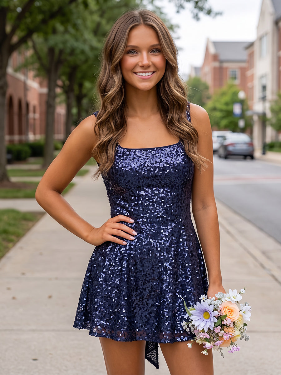 A-Line/Princess Square Neck Sleeveless Sequin Mini Homecoming Dresses with Bowknot