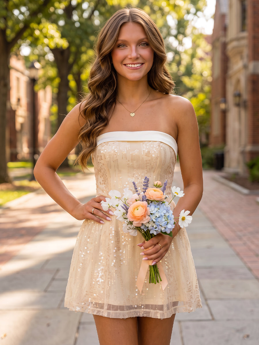 A-Line/Princess Strapless Sleeveless Sequin Mini Homecoming Dresses with Appliques