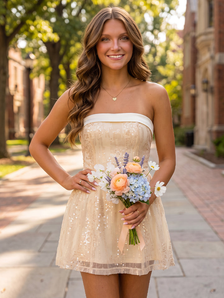 A-Line/Princess Strapless Sleeveless Sequin Mini Homecoming Dresses with Appliques