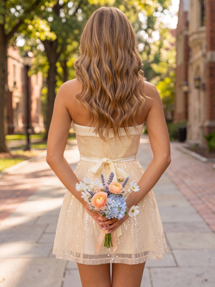 A-Line/Princess Strapless Sleeveless Sequin Mini Homecoming Dresses with Appliques