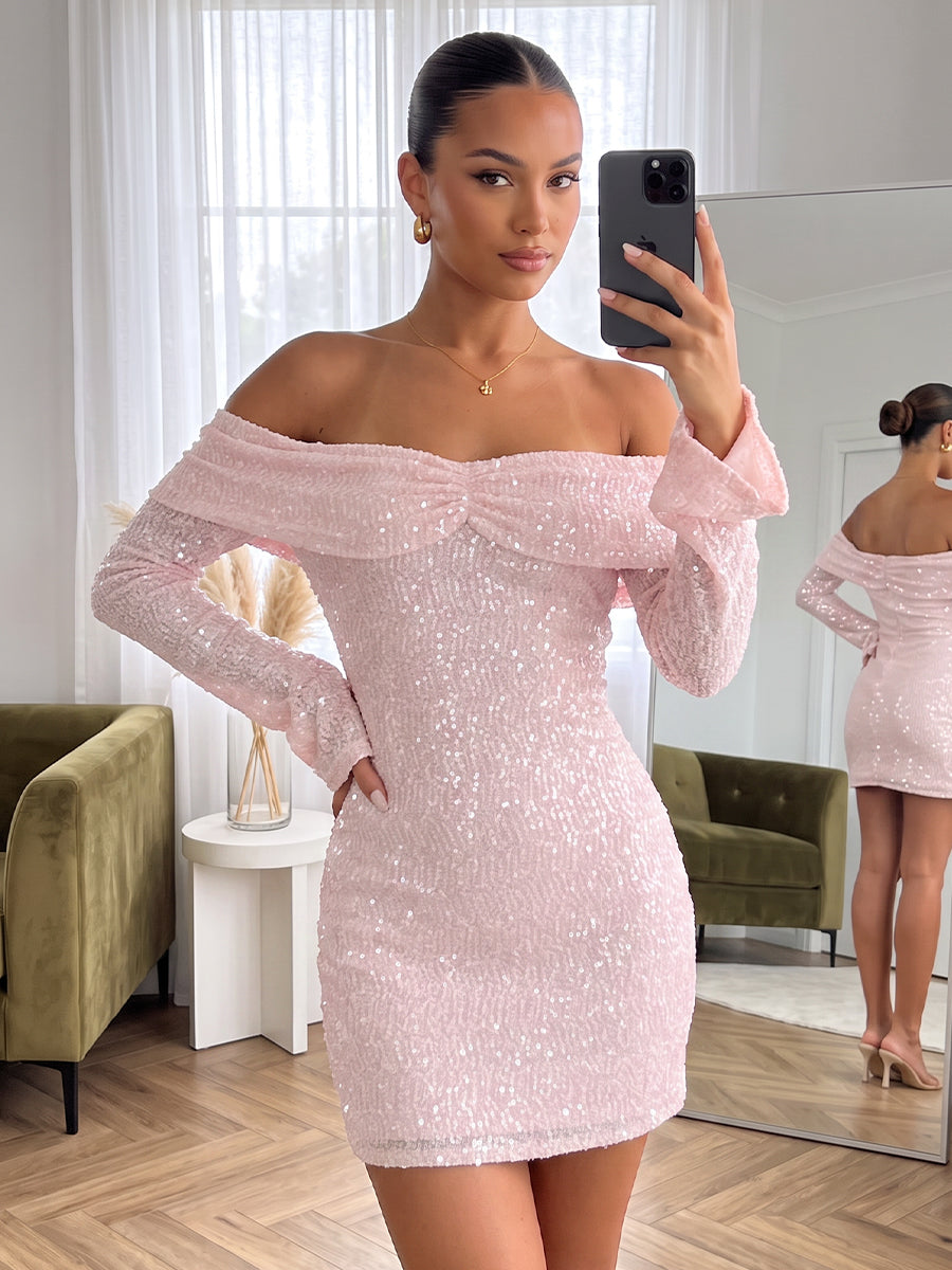 Sheath/Column Off-the-Shoulder Long Sleeves Sequin Mini Homecoming Dresses
