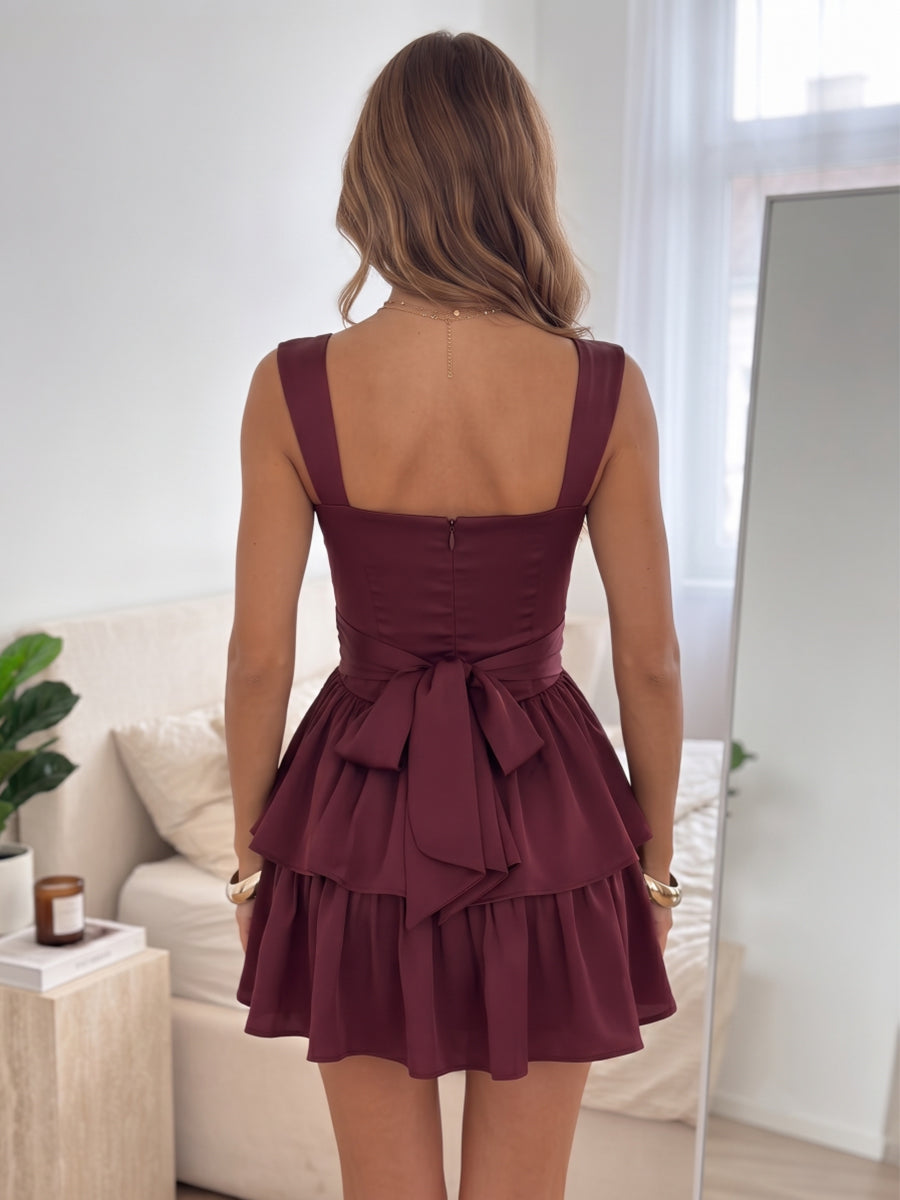 A-Line/Princess Square Neck Sleeveless Silk Satin Mini Homecoming Dresses with Ruffles