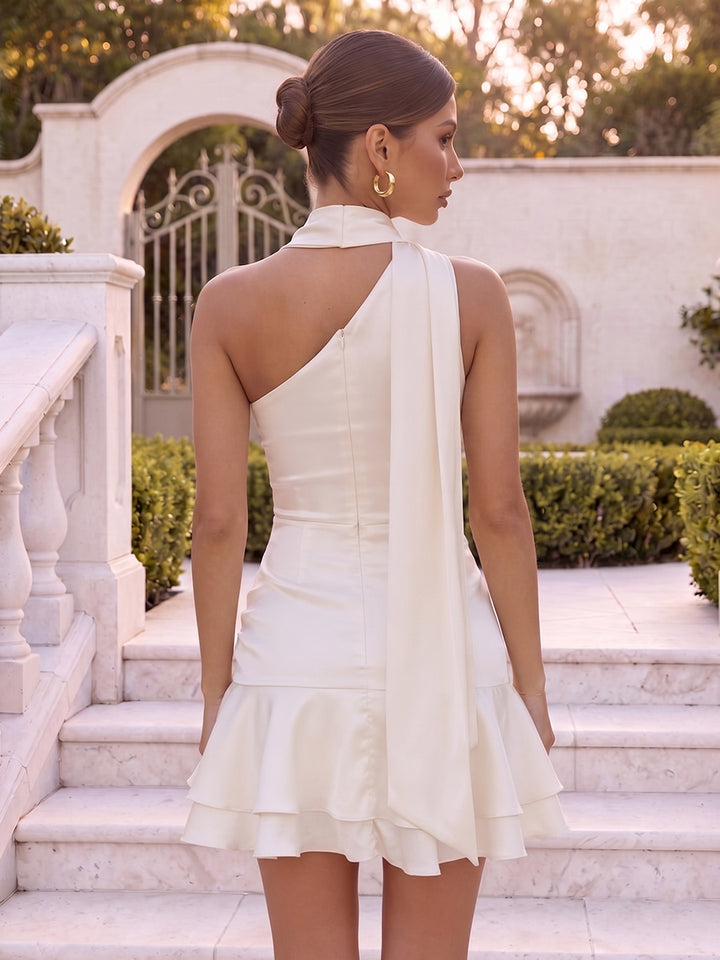 A-Line/Princess One-Shoulder Sleeveless Silk Satin Mini Homecoming Dresses with 3D Flower&amp;Scarf
