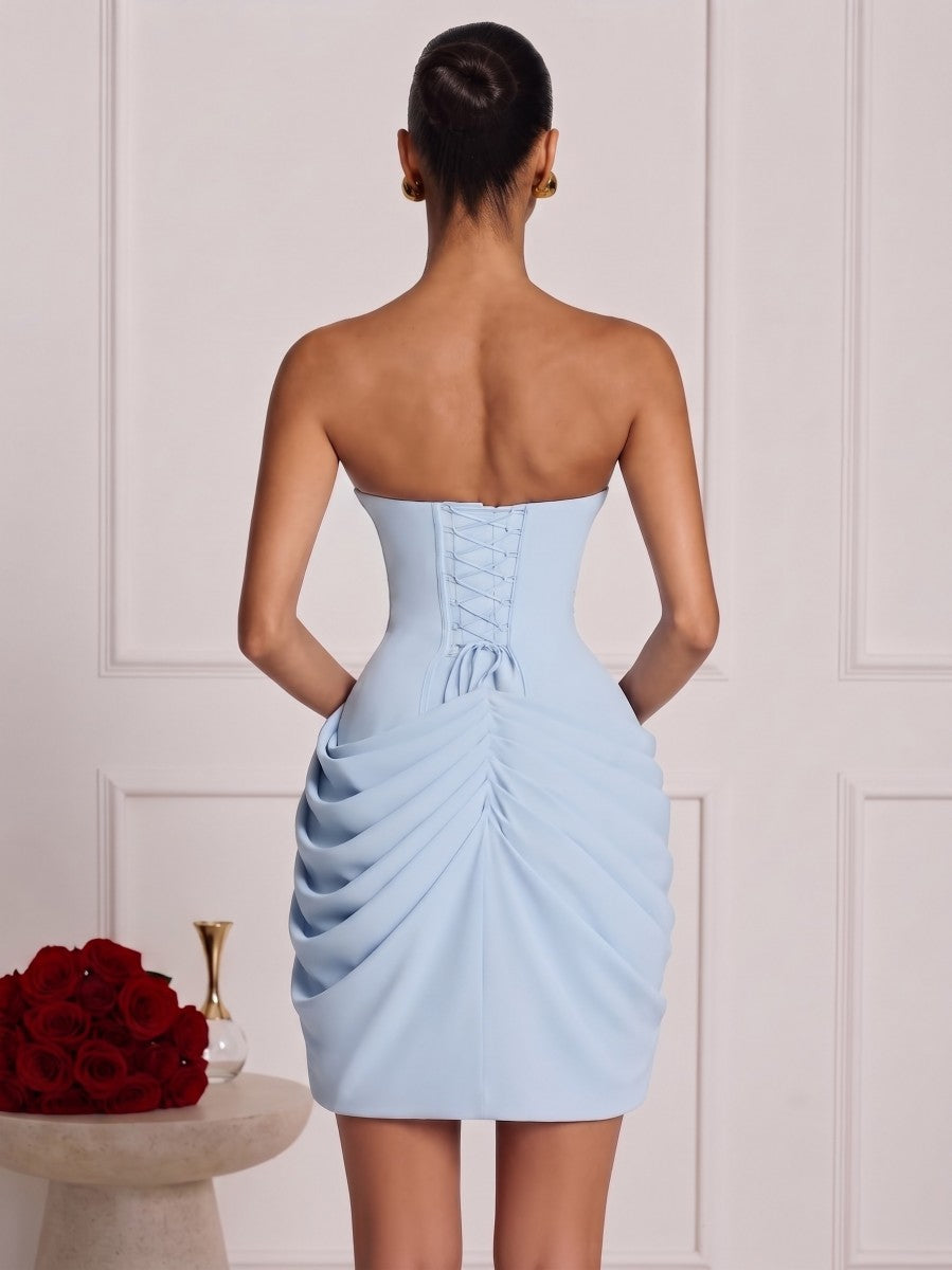 Sheath/Column Strapless Sleeveless Satin Mini Homecoming Dresses with Pleats&amp;Corset