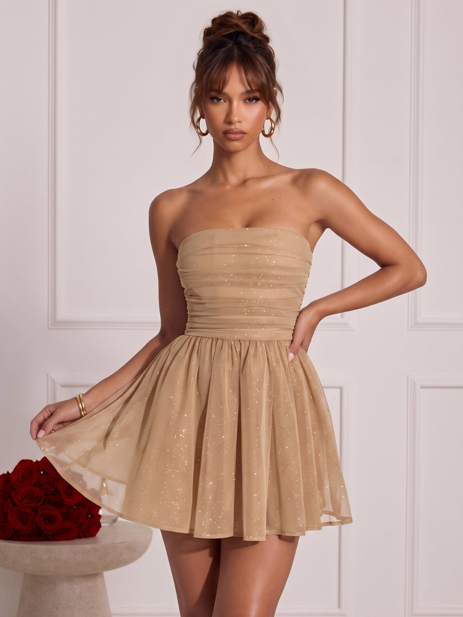 A-Line/Princess Strapless Sleeveless Glitter Mini Homecoming Dresses with Bowknot