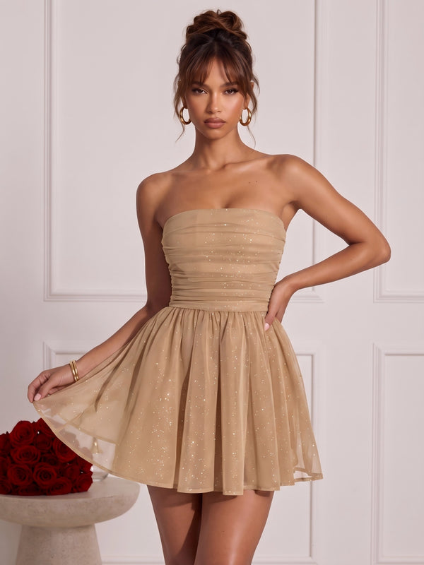 A-Line/Princess Strapless Sleeveless Glitter Mini Homecoming Dresses with Bowknot