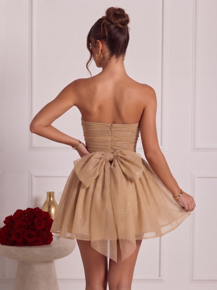 A-Line/Princess Strapless Sleeveless Glitter Mini Homecoming Dresses with Bowknot
