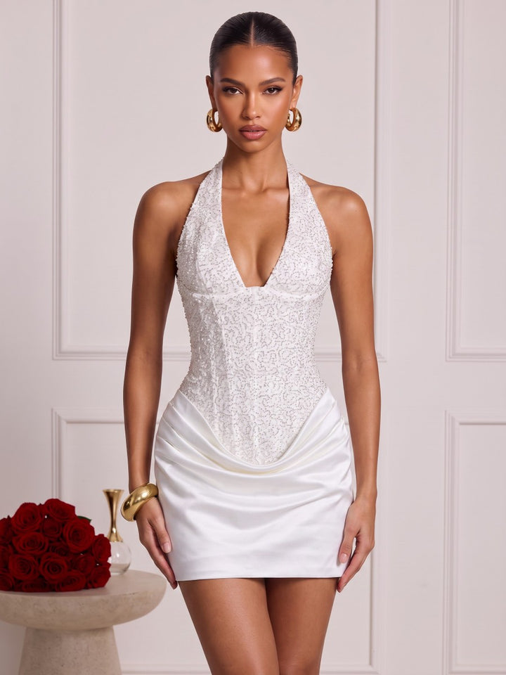 Sheath/Column V-Neck Sleeveless Silk Satin Mini Homecoming Dresses with Ruched&amp;Corset