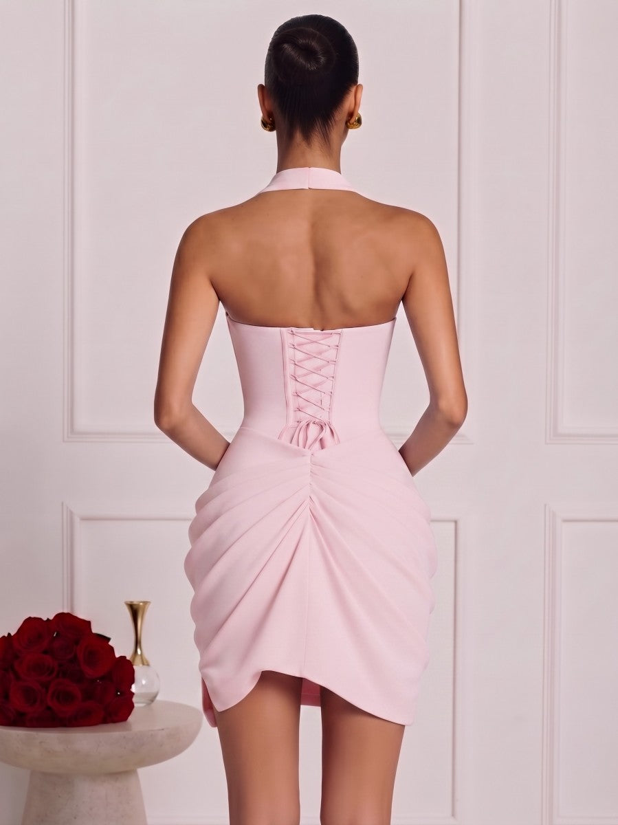 Sheath/Column V-Neck Sleeveless Satin Mini Homecoming Dresses with Pleats&amp;Corset