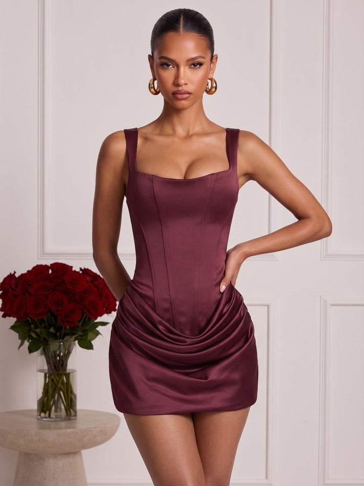 Sheath/Column Spaghetti Straps Sleeveless Silk Satin Mini Homecoming Dresses with Ruched&amp;Corset