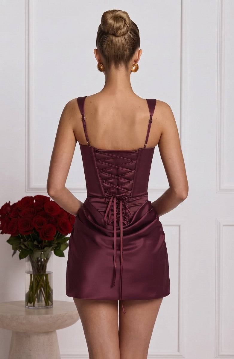 Sheath/Column Spaghetti Straps Sleeveless Silk Satin Mini Homecoming Dresses with Ruched&amp;Corset
