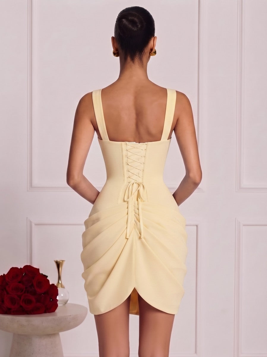Sheath/Column Spaghetti Straps Sleeveless Satin Mini Homecoming Dresses with Pleats&amp;Corset