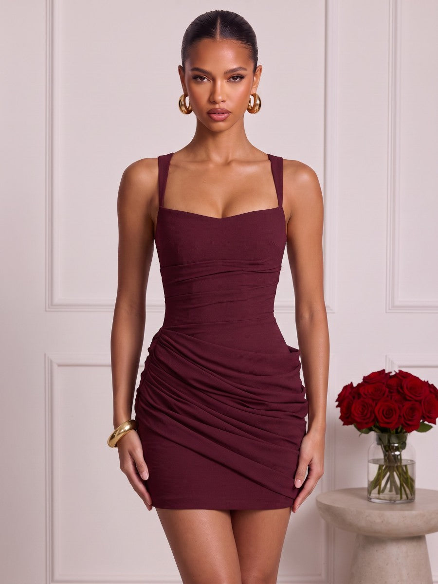 Sheath/Column Spaghetti Straps Sleeveless Satin Mini Homecoming Dresses with Pleats&amp;Corset