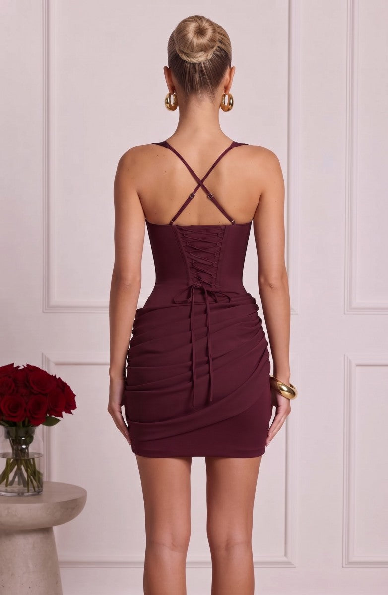 Sheath/Column Spaghetti Straps Sleeveless Satin Mini Homecoming Dresses with Pleats&amp;Corset
