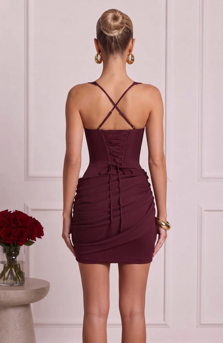 Sheath/Column Spaghetti Straps Sleeveless Satin Mini Homecoming Dresses with Pleats&amp;Corset