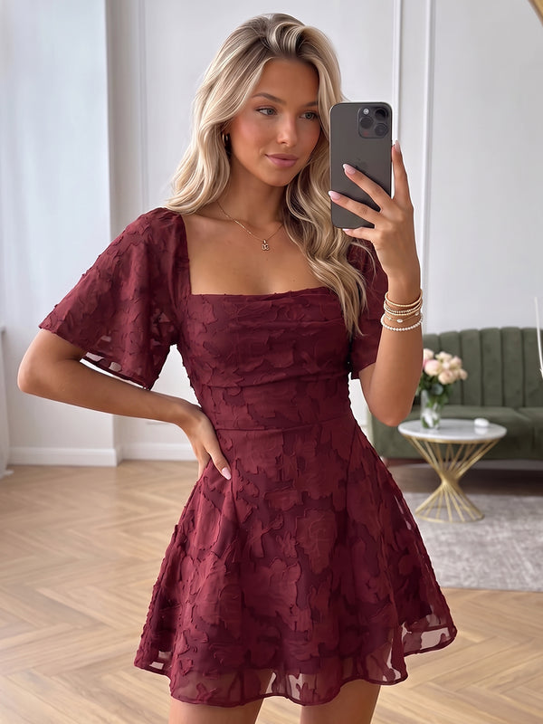 A-Line/Princess Square Neck Short Sleeves Chiffon Mini Homecoming Dresses with Florals