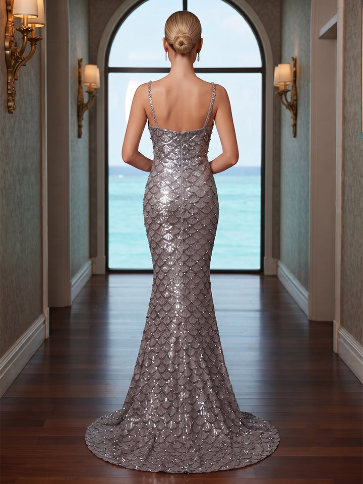 Trumpet/Mermaid Spaghetti Straps Sweep Train Evening Dresses with Sequins