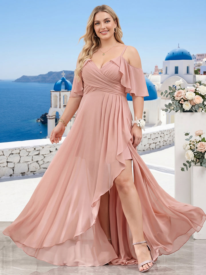 A-Line V-Neck Spaghetti Straps Short Sleeves Asymmetrical Chiffon Plus Size Bridesmaid Dresses