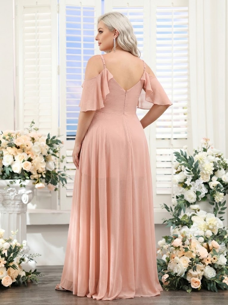 A-Line V-Neck Spaghetti Straps Short Sleeves Asymmetrical Chiffon Plus Size Bridesmaid Dresses